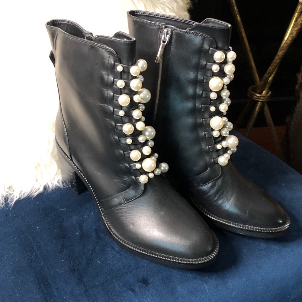 Zara Leather Ankle Boots with faux pearl embellishments